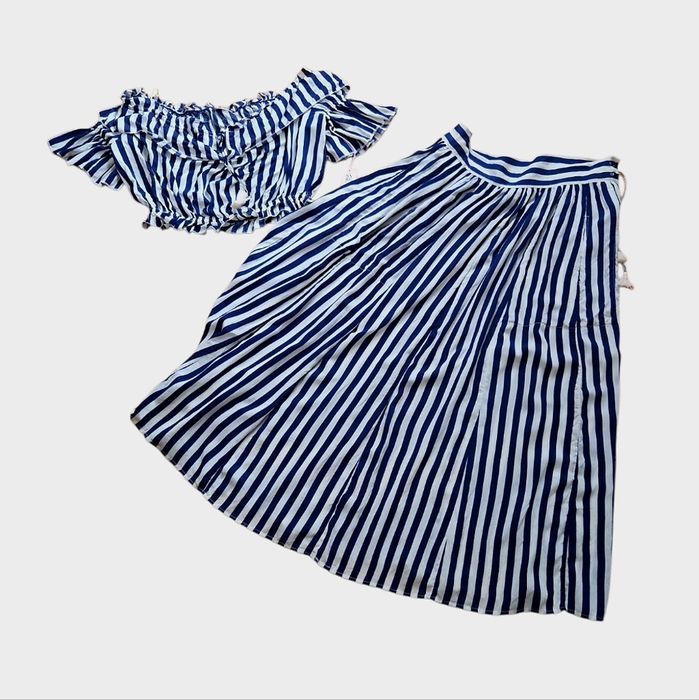 NY&C Eva Mendes Blue & White Stripe 2 Piece Skirt & Top L NWT - Picture 5 of 11